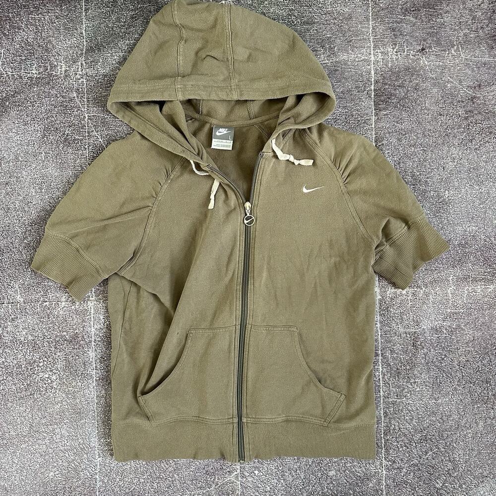 Women's Vintage Y2K Nike Army Moss Green Zip Up T Shirt Hoodie Sweatshirt Sz L